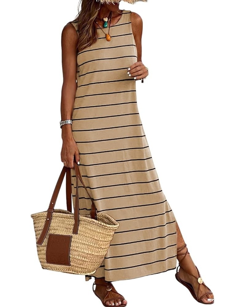 Women's Summer Sleeveless Striped Racerback Long Dress Casual Beach Maxi Tank Dresses Khaki $16.87 Dresses