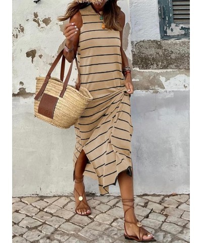 Women's Summer Sleeveless Striped Racerback Long Dress Casual Beach Maxi Tank Dresses Khaki $16.87 Dresses