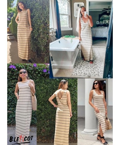 Women's Summer Sleeveless Striped Racerback Long Dress Casual Beach Maxi Tank Dresses Khaki $16.87 Dresses