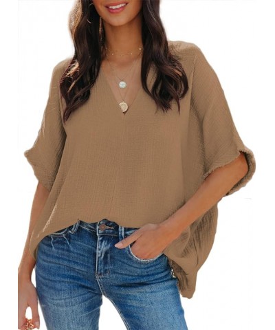 Casual Womens Short Sleeve V Neck Shirts Oversized Solid Blouses Tops 1 Khaki $13.53 Blouses