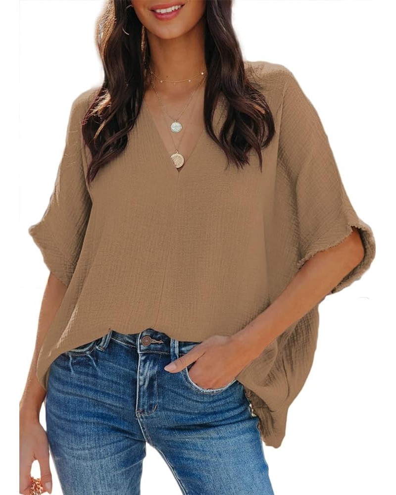 Casual Womens Short Sleeve V Neck Shirts Oversized Solid Blouses Tops 1 Khaki $13.53 Blouses