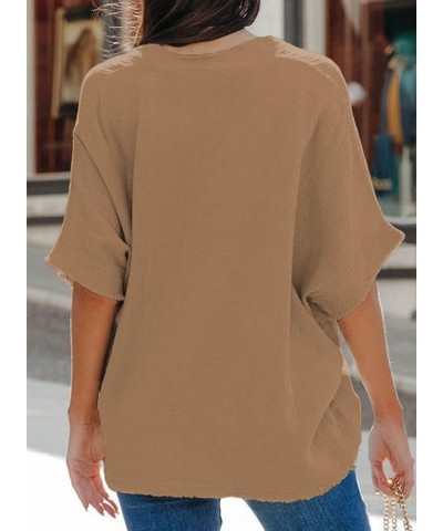 Casual Womens Short Sleeve V Neck Shirts Oversized Solid Blouses Tops 1 Khaki $13.53 Blouses