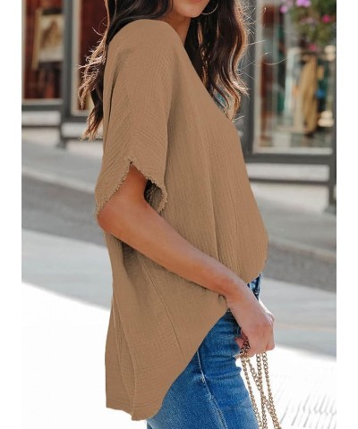 Casual Womens Short Sleeve V Neck Shirts Oversized Solid Blouses Tops 1 Khaki $13.53 Blouses