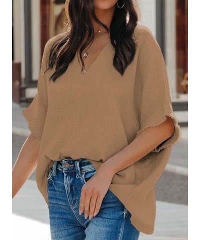 Casual Womens Short Sleeve V Neck Shirts Oversized Solid Blouses Tops 1 Khaki $13.53 Blouses