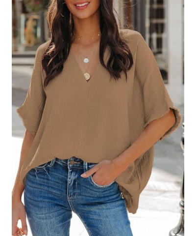 Casual Womens Short Sleeve V Neck Shirts Oversized Solid Blouses Tops 1 Khaki $13.53 Blouses