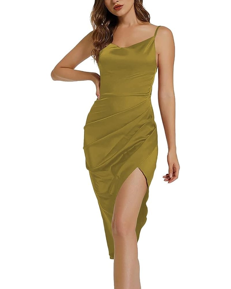 Women's Satin Wrap Ruched Bodycon Spaghetti Strap Club Party Midi Dress Army Green $21.83 Dresses