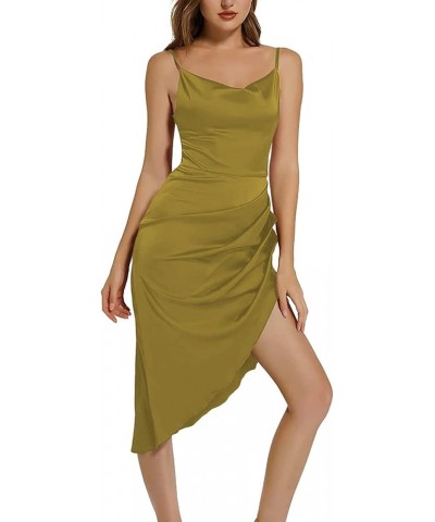 Women's Satin Wrap Ruched Bodycon Spaghetti Strap Club Party Midi Dress Army Green $21.83 Dresses