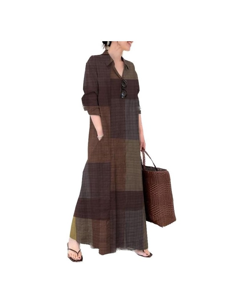 Women‘s Cotton Button Down Caftans Long Sleeve Dresses Fall Spring Maxi Dress Boho Cover Ups Shirt Dress Khaki Plaid $18.47 D...