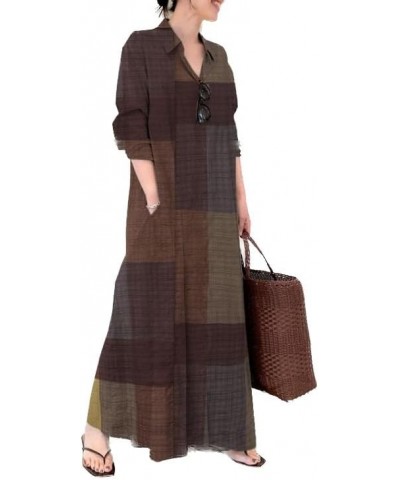 Women‘s Cotton Button Down Caftans Long Sleeve Dresses Fall Spring Maxi Dress Boho Cover Ups Shirt Dress Khaki Plaid $18.47 D...