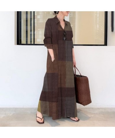 Women‘s Cotton Button Down Caftans Long Sleeve Dresses Fall Spring Maxi Dress Boho Cover Ups Shirt Dress Khaki Plaid $18.47 D...