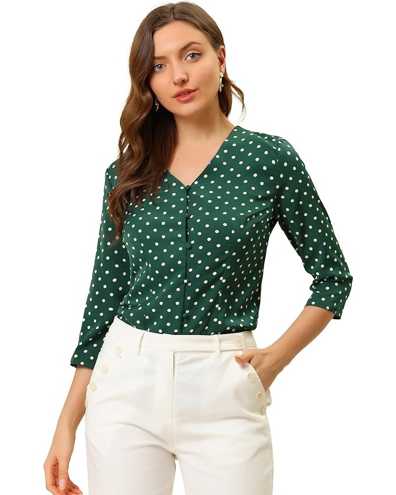 Women's Polka Dots 3/4 Sleeve Button Front Vintage Office Blouse Top Green $13.76 Blouses