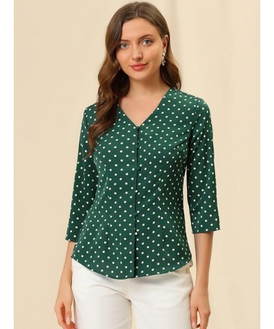 Women's Polka Dots 3/4 Sleeve Button Front Vintage Office Blouse Top Green $13.76 Blouses