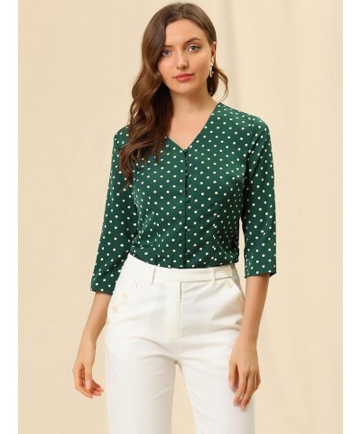 Women's Polka Dots 3/4 Sleeve Button Front Vintage Office Blouse Top Green $13.76 Blouses