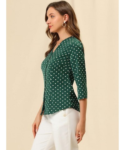 Women's Polka Dots 3/4 Sleeve Button Front Vintage Office Blouse Top Green $13.76 Blouses