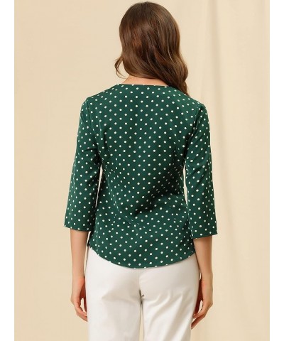 Women's Polka Dots 3/4 Sleeve Button Front Vintage Office Blouse Top Green $13.76 Blouses