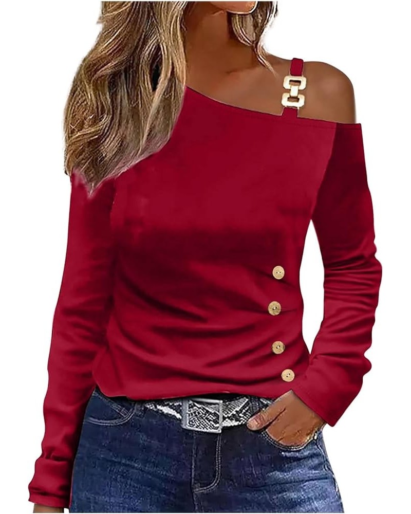 Cold Shoulder Tops for Women Long Sleeve 2024 Sexy Off The Shoulder Tunic Tops Summer Casual One Shoulder Blouse Shirts B-red...