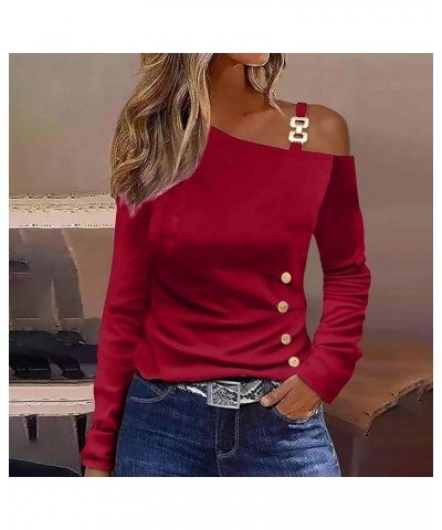 Cold Shoulder Tops for Women Long Sleeve 2024 Sexy Off The Shoulder Tunic Tops Summer Casual One Shoulder Blouse Shirts B-red...