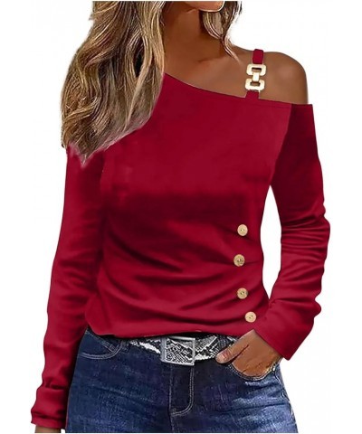 Cold Shoulder Tops for Women Long Sleeve 2024 Sexy Off The Shoulder Tunic Tops Summer Casual One Shoulder Blouse Shirts B-red...