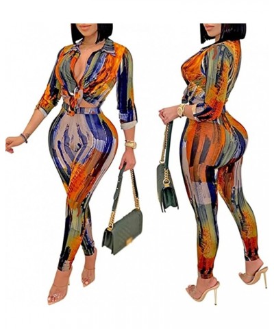 Womens Print 2 Piece Outfits Sexy Bodycon Long Sleeve Crop Tops Long Pants Sets Casual Crop Tops Bodycon Pants Set A-orange $...