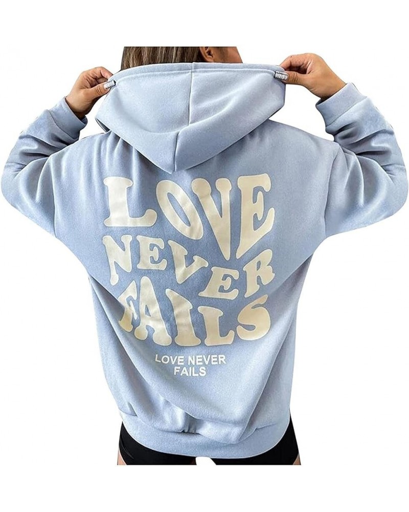 Women's Long Sleeve Hooded Sweatshirts Letter Printed LOVE NEVER FAILS Pullover Tops Blue $13.44 Others