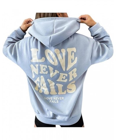 Women's Long Sleeve Hooded Sweatshirts Letter Printed LOVE NEVER FAILS Pullover Tops Blue $13.44 Others