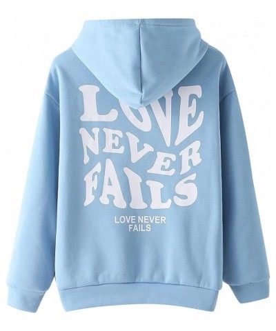 Women's Long Sleeve Hooded Sweatshirts Letter Printed LOVE NEVER FAILS Pullover Tops Blue $13.44 Others