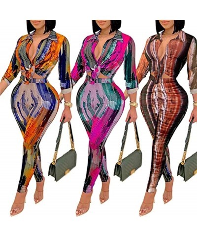 Womens Print 2 Piece Outfits Sexy Bodycon Long Sleeve Crop Tops Long Pants Sets Casual Crop Tops Bodycon Pants Set A-orange $...