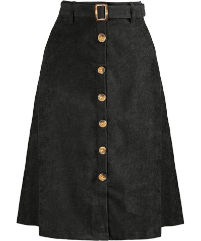 Women's High Waist Button Front A-Line Belted Corduroy Midi Skirt Black $17.33 Skirts