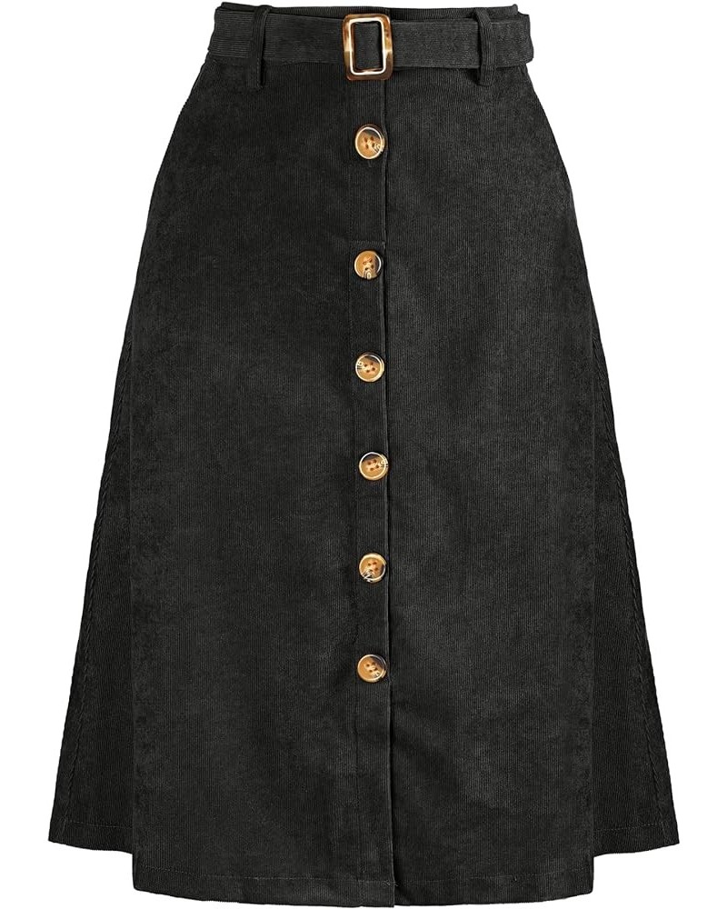 Women's High Waist Button Front A-Line Belted Corduroy Midi Skirt Black $17.33 Skirts