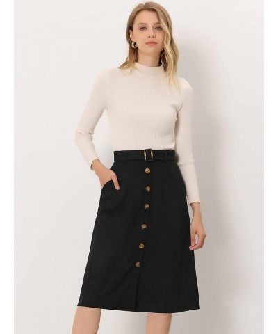 Women's High Waist Button Front A-Line Belted Corduroy Midi Skirt Black $17.33 Skirts