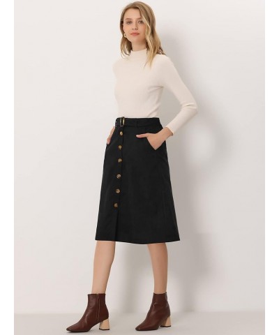 Women's High Waist Button Front A-Line Belted Corduroy Midi Skirt Black $17.33 Skirts