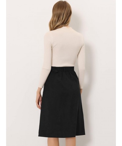 Women's High Waist Button Front A-Line Belted Corduroy Midi Skirt Black $17.33 Skirts