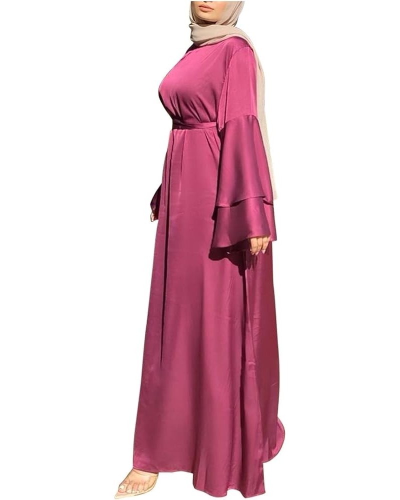 Women's Muslim Ramadan Dresses,Women's Fashion Solid Color O-Neck Long Sleeve Satin Soft Waist and Ankle Dress Red $9.97 Dresses