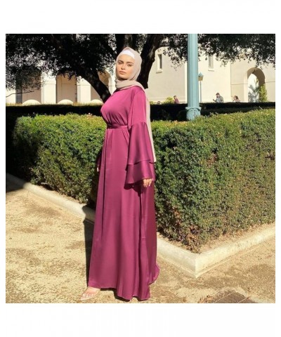 Women's Muslim Ramadan Dresses,Women's Fashion Solid Color O-Neck Long Sleeve Satin Soft Waist and Ankle Dress Red $9.97 Dresses