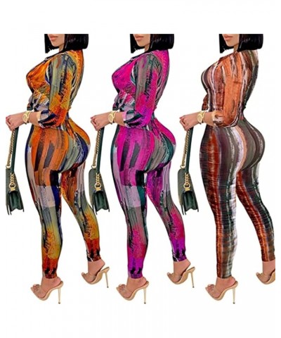 Womens Print 2 Piece Outfits Sexy Bodycon Long Sleeve Crop Tops Long Pants Sets Casual Crop Tops Bodycon Pants Set A-orange $...