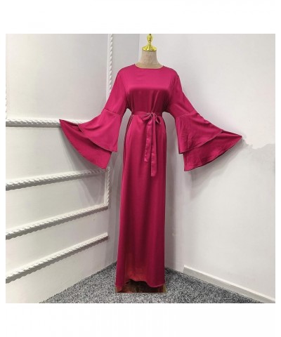 Women's Muslim Ramadan Dresses,Women's Fashion Solid Color O-Neck Long Sleeve Satin Soft Waist and Ankle Dress Red $9.97 Dresses