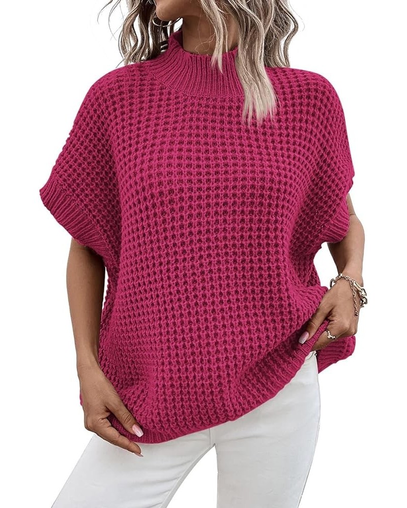 Womens Oversized Short Batwing Sleeve Mock Neck Sweater Vest Fall Sleeveless Pullover Knit Sweaters Hot Pink $14.49 Sweaters