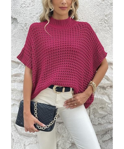 Womens Oversized Short Batwing Sleeve Mock Neck Sweater Vest Fall Sleeveless Pullover Knit Sweaters Hot Pink $14.49 Sweaters