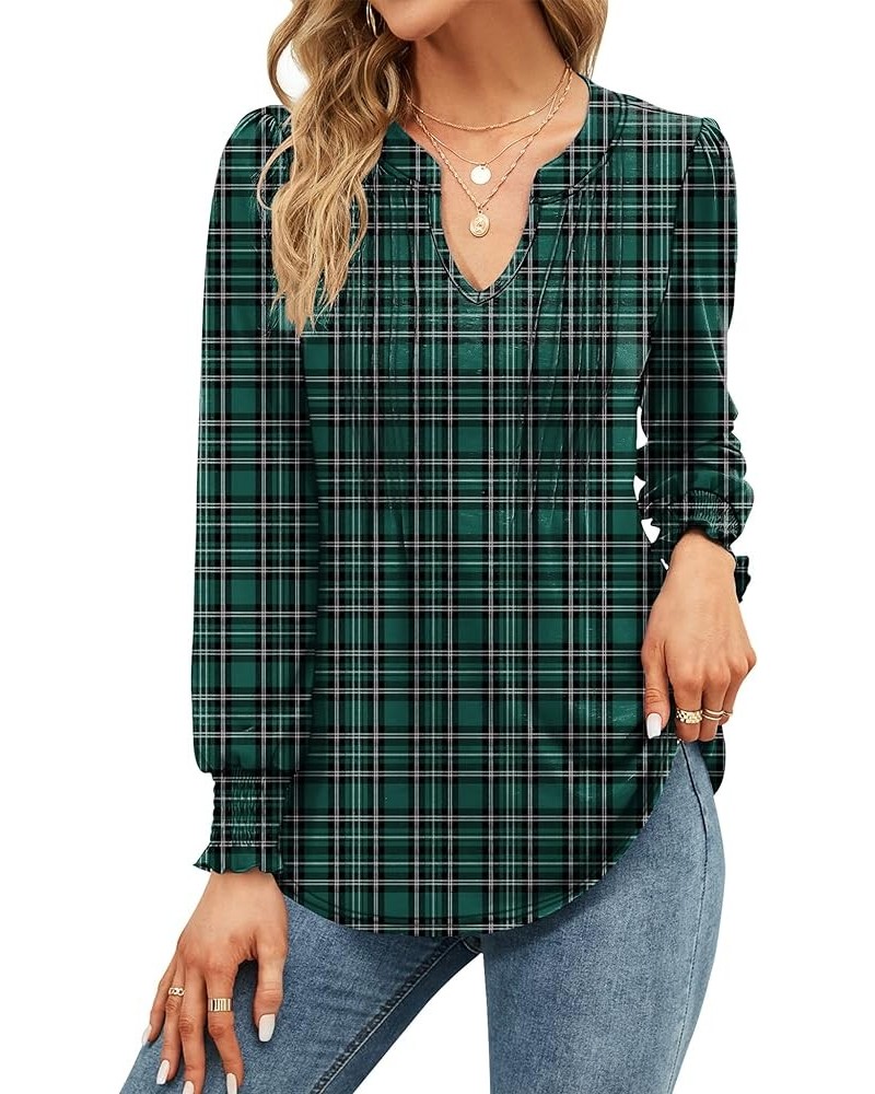 Womens V Neck Puff Short Sleeve Pleated T Shirts Fashion Summer Tops Casual Tunic Blouse Long Sleeve- Plaid Green $11.49 Tops