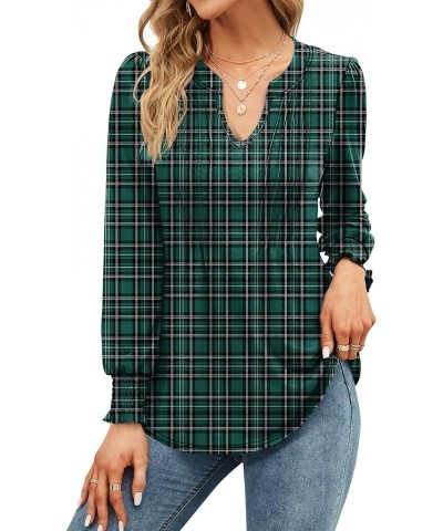 Womens V Neck Puff Short Sleeve Pleated T Shirts Fashion Summer Tops Casual Tunic Blouse Long Sleeve- Plaid Green $11.49 Tops