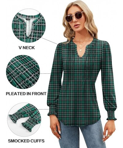 Womens V Neck Puff Short Sleeve Pleated T Shirts Fashion Summer Tops Casual Tunic Blouse Long Sleeve- Plaid Green $11.49 Tops