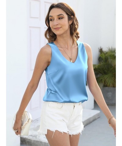 Satin Tank Tops for Women Loose Fit Sleeveless V Neck Cami Camisole Blouses Shirt Top Sky Blue $10.18 Tanks