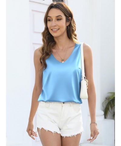 Satin Tank Tops for Women Loose Fit Sleeveless V Neck Cami Camisole Blouses Shirt Top Sky Blue $10.18 Tanks