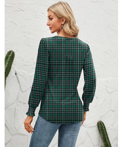 Womens V Neck Puff Short Sleeve Pleated T Shirts Fashion Summer Tops Casual Tunic Blouse Long Sleeve- Plaid Green $11.49 Tops