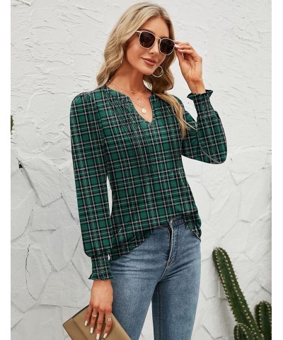 Womens V Neck Puff Short Sleeve Pleated T Shirts Fashion Summer Tops Casual Tunic Blouse Long Sleeve- Plaid Green $11.49 Tops