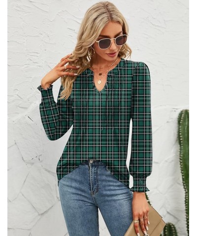 Womens V Neck Puff Short Sleeve Pleated T Shirts Fashion Summer Tops Casual Tunic Blouse Long Sleeve- Plaid Green $11.49 Tops