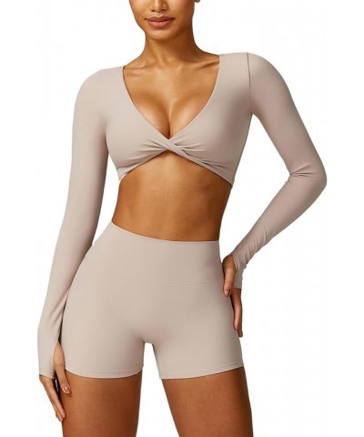 Workout Sets for Women 2 Piece Square Neck Long Sleeve Crop Tops High Waist Biker Shorts Gym Sets Twist Front Khaki $12.60 Ac...