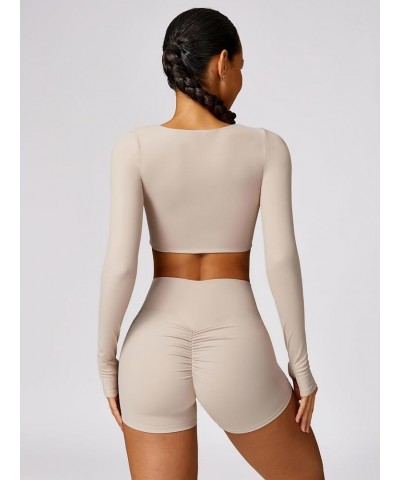 Workout Sets for Women 2 Piece Square Neck Long Sleeve Crop Tops High Waist Biker Shorts Gym Sets Twist Front Khaki $12.60 Ac...