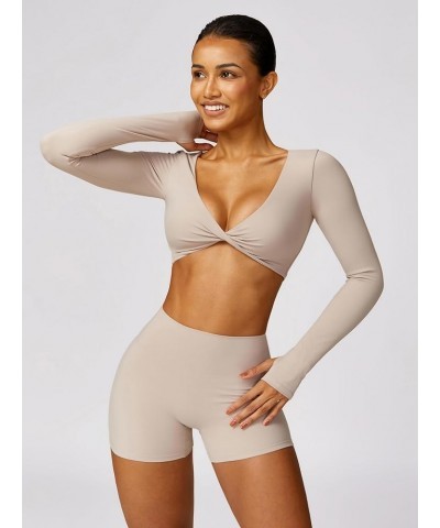 Workout Sets for Women 2 Piece Square Neck Long Sleeve Crop Tops High Waist Biker Shorts Gym Sets Twist Front Khaki $12.60 Ac...