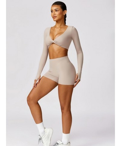 Workout Sets for Women 2 Piece Square Neck Long Sleeve Crop Tops High Waist Biker Shorts Gym Sets Twist Front Khaki $12.60 Ac...